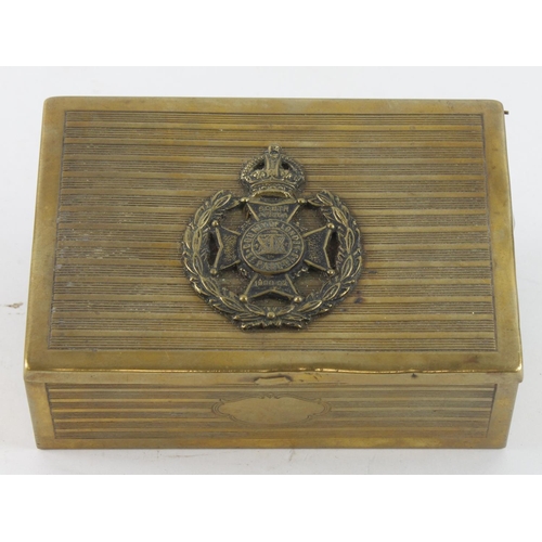 239 - Brass cigarette box with 19th Londons cap badge on lid.