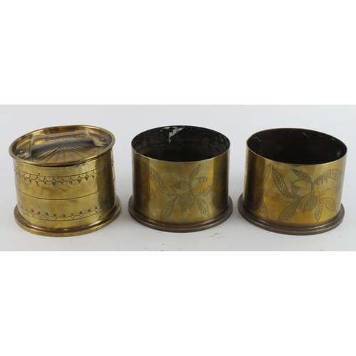 247 - British Trench Art WW1 Howitzer shell cases, one has a Trench Art lid with handle.  (3)  Heavy  (Buy... 