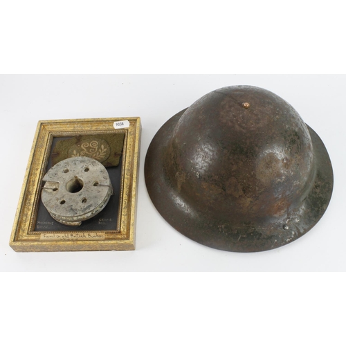 249 - British WW1 Brodie type steel helmet complete with liner & chin strap, some restoration ? plus a cen... 