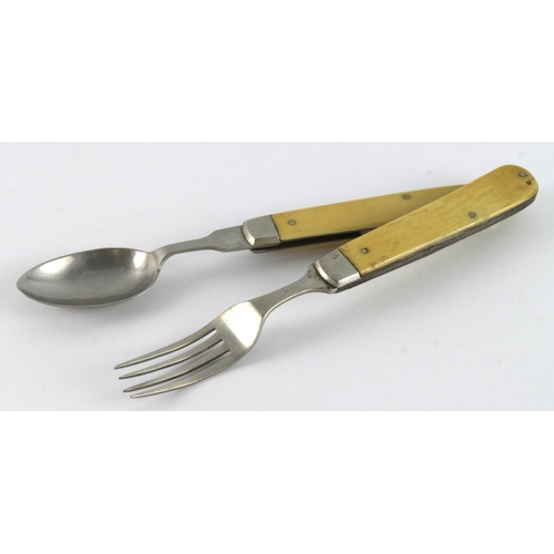 255 - Campaign Cutlery folding spoon and a fork, bone handles, maker marked 'Slater Bros'.  (2)