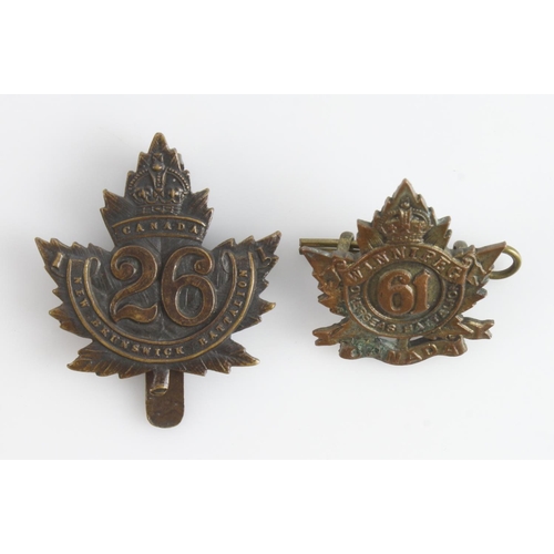 257 - Canadian WW1 badges - 26 New Brunswick Battalion, and 61 Winnipeg Overseas Battalion (maker marked).... 