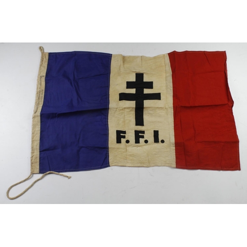 277 - Free French WW2 flag, 3 feet approx, issue stamped, service wear.