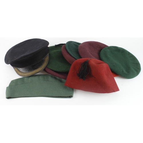 286 - Head gear, 8x Berets, 1x sidecap, 1x red Fez, 1x visor cap with 3rd Reich stamp