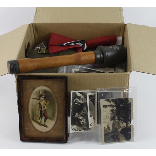 301 - Large mixed militaria collection incl photos, badges, ribbons, cartridge shells, spurs, German Flag,... 