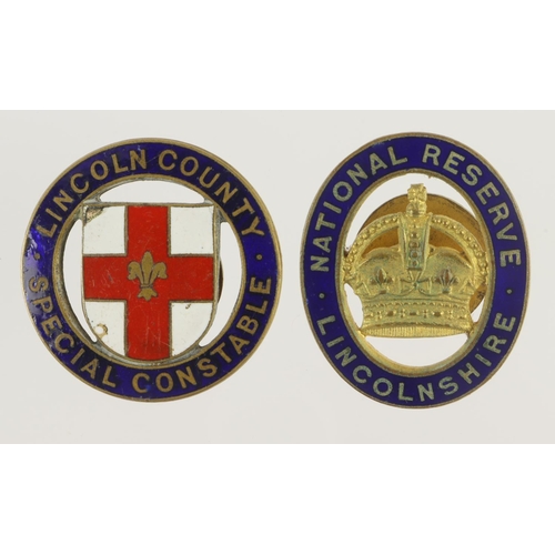 303 - Lincolnshire National Reserve and Lincoln County Special Constable enamel lapel badges  (2)