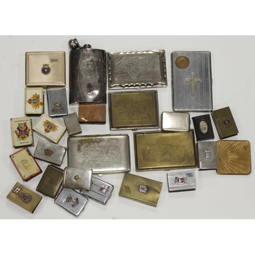 319 - Military WW1 and WW2 cigarette cases, matchbox covers, drinking flask etc.