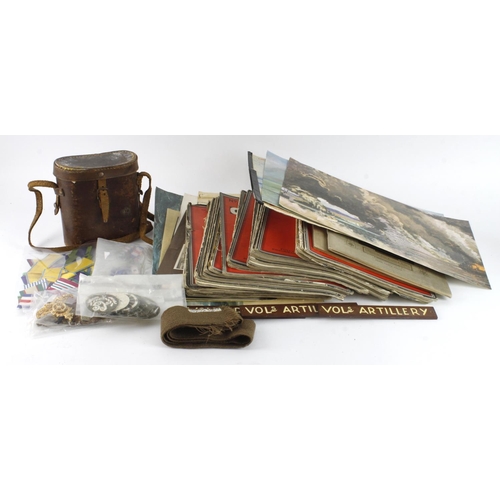 320 - Mixed militaria incl medal ribbons, US medal bars, ephemera, leather binocular case, approx 25 copie... 