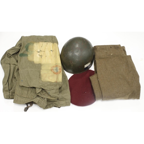 329 - Parachute Regiment related items including Para helmet with WW2 Denison smock (damaged torn), Over s... 