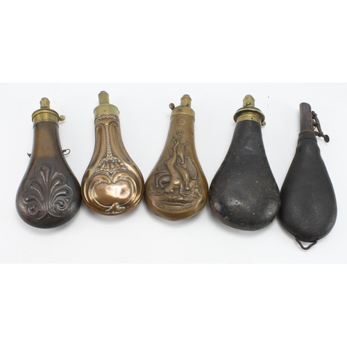 337 - Powder and Shot Flasks for Sporting Guns, mid-late 19th Century, being 1) copper and brass with an e... 