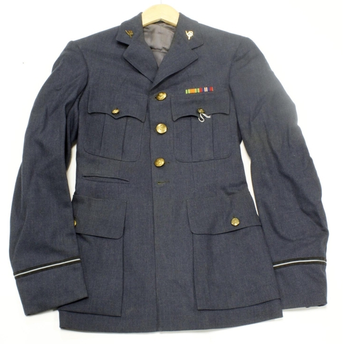 348 - RAF officers service jacket with kings crown brass buttons, WW2 medal bar VR T collar badges.