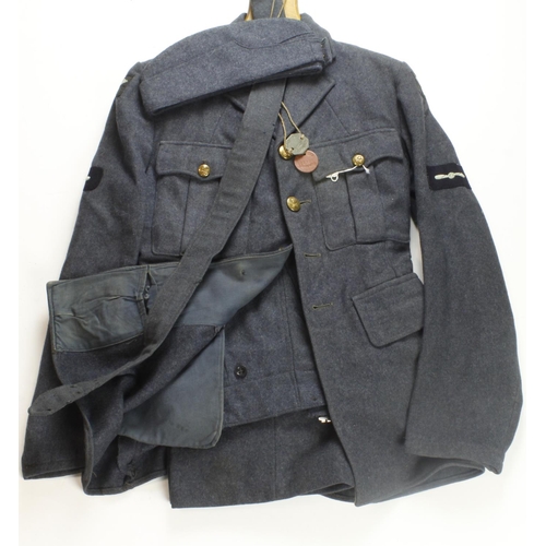 354 - RAF WW2 airman’s service uniform with jacket, trousers, side  hat with his original ID tags found in... 