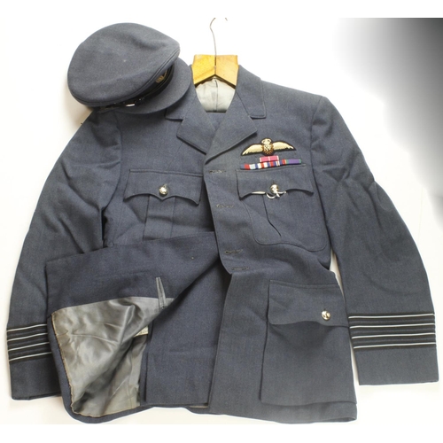 366 - RAF WW2 pilots uniform jacket, trousers and hat with kings crown pilots wings and kings crown brass ... 