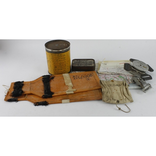 367 - RAF WW2 survival items including 1944 dated balloon, hand dingy paddles, Ration tin, maps etc.