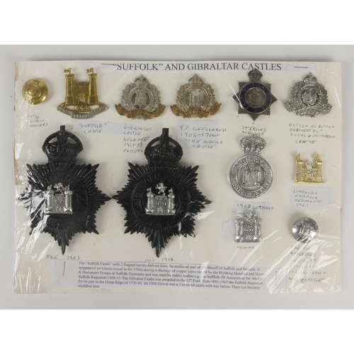 393 - Suffolk Regt and Suffolk Police 'Gibraltar Castles' badge / button interest (12 items)