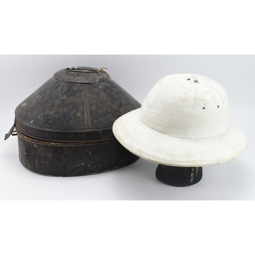 405 - Tropical Pith Helmet made by Spencer of Madras. In original named metal carry tin 'E W Littleton RN'... 