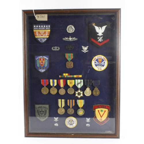 413 - US Navy Vietnam 1965-1967 “Brown water Navy” medals, badges and insignia group framed for display. U... 