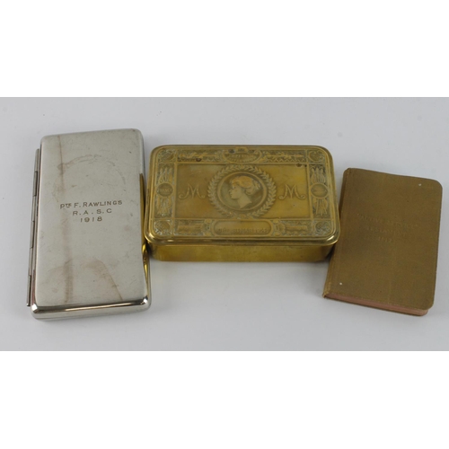 429 - WW1 1914 Princess Mary gift tin with 1917 soldiers pocket bible and a cigarette case named to Pte F.... 