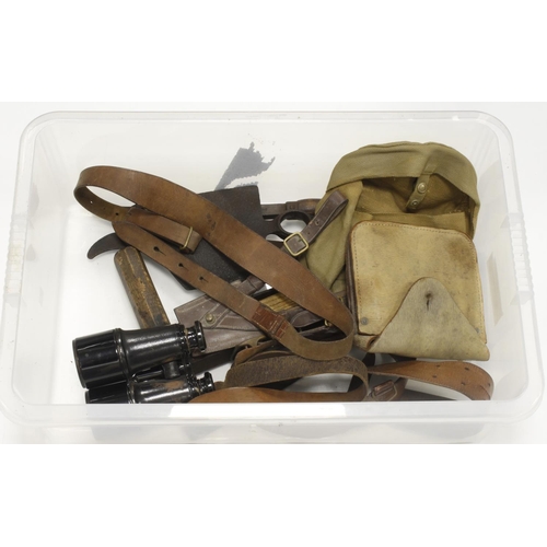 465 - WW1 military equipment box full including US entrenching tool, webbing, wire cutters, Sam brown, bin... 