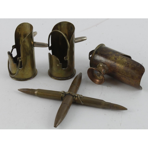 475 - WW1 trench art Cole scuttles made from 1pd shell casing with crucifix made from bullets. 4 items.