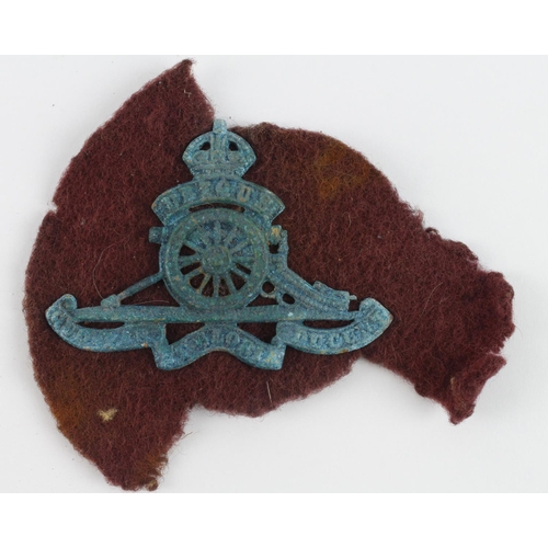 493 - WW2 Battlefield Relic Royal Artillery Cap Badge on a fragment of an Airborne Beret. Found near Ooste... 