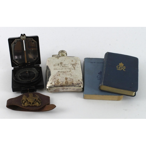 505 - WW2 compass magnetic mark 1 with drinking flask named to L H Coles CSM two pocket bibles and a warra... 