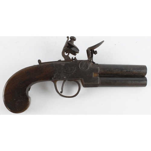 54 - Flintlock late 18th century double barrel under and over box lock pistol with signed lock.