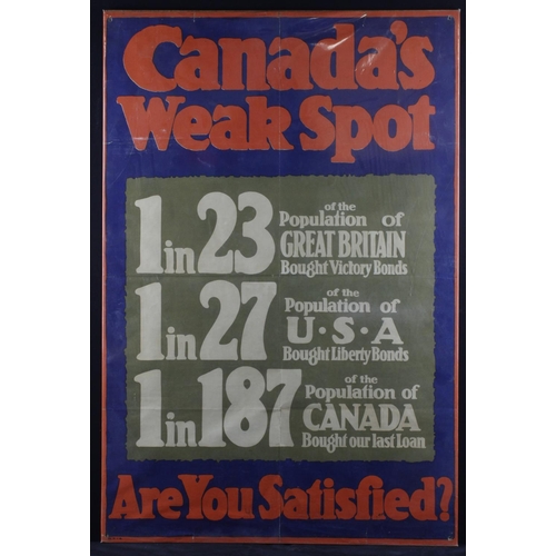 549 - WWI Poster 'Canadas Weak Spot, Are You Satisfied?', W.P. 4, 60cm x 90.5cm approx.