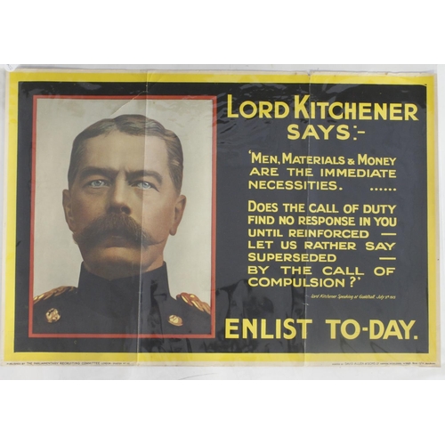 550 - WWI Poster 'Lord Kitchener, Says…, Enlist To-Day', published by the Parliamentary Recruiting Committ... 