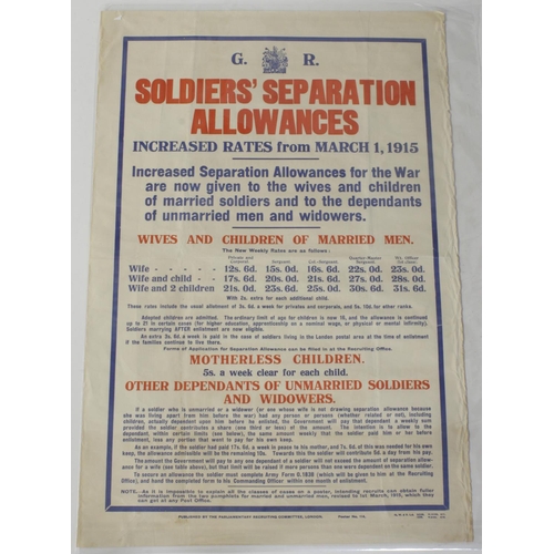 555 - WWI Poster 'Soldiers Separation Allowances, Increased Rates from March 1, 1915…', published by the P... 