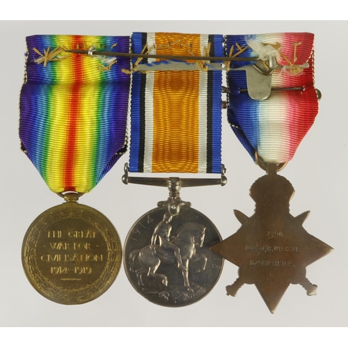 592 - 1914 Star Trio with original Aug-Nov clasp mounted on a brooch pin (7708 Pte J H Wilson 2/North'N R)... 