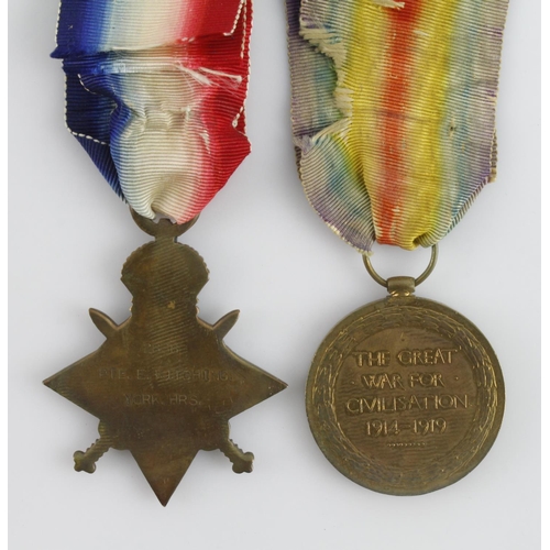 598 - 1915 Star & Victory Medal for (2836 Pte E Kitching, York Hrs) lived Norton Malton, Yorks.  (2)