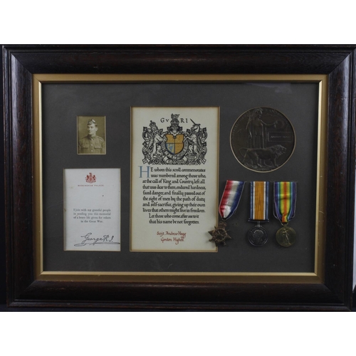 669 - 1915 Star Trio + Death Plaque and Scroll mounted in old glazed frame for (265684 Sjt Andrew Hogg 6th... 