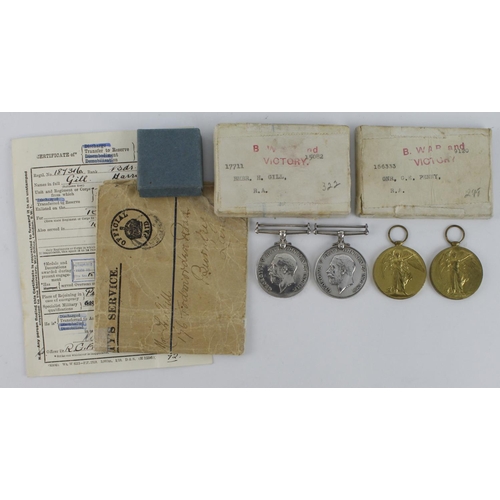 693 - BWM & Victory Medal (17711 Bmbr H Gill RA), and BWM & Victory Medal (156333 Gnr G E Penny RA) with S... 