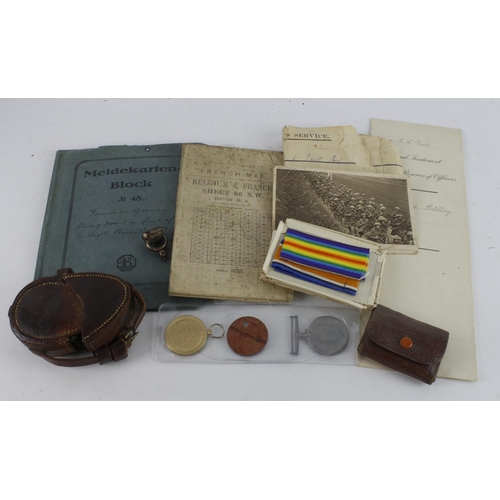 695 - BWM & Victory Medal (2.Lieut E S Pratt) serving RFA. Comm'd 21/1/1918. Several personal items inc Tr... 