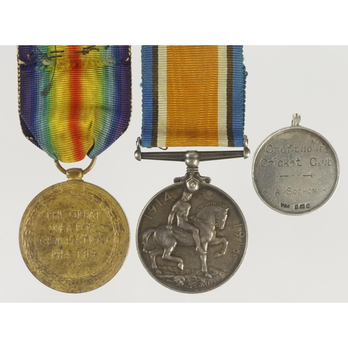 699 - BWM & Victory Medal (233567 Dvr A F Sochon RA) with a silver fob 'Gospel Oak Hampshire Cricket Leagu... 