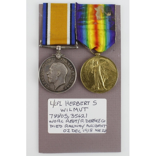 705 - BWM & Victory Medal (35621 Pte H S Wilmut Worc R) accidentally killed in a Railway Accident at Wyke ... 