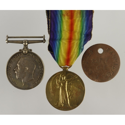 721 - BWM & Victory Medal (K-2229 Pte F E Bannister R.Fus) served 22nd and 24th R.Fus