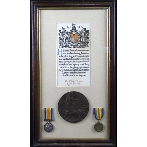 729 - BWM & Victory Medal + Death Plaque & Scroll in old glazed frame for (79347 Pte William Francis 9th B... 