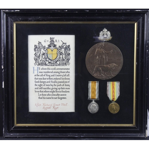 730 - BWM & Victory Medal + Death Plaque and Memorial Scroll mounted in an old glazed frame for (43097 L.C... 