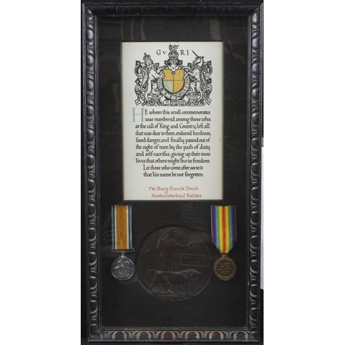 732 - BWM & Victory Medal + Death Plaque and Scroll mounted in an old glazed frame for 78995 Pte Harry Fra... 