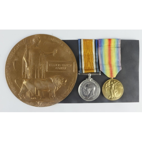 733 - BWM & Victory Medal + Death Plaque for 117073 Gnr Francis Ernest Cobley 