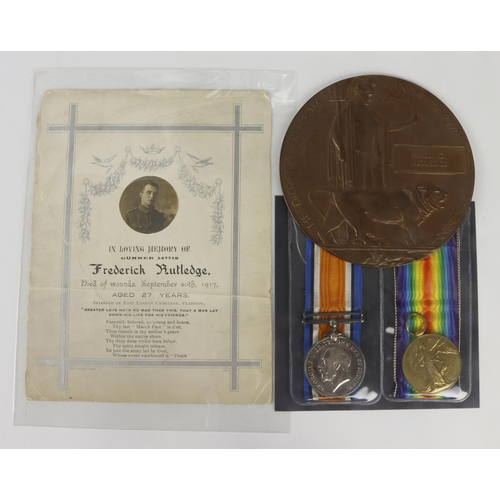 734 - BWM & Victory Medal + Death Plaque for 147718 Gnr Frederick Rutledge 3rd Siege Bty RGA. Died of Woun... 