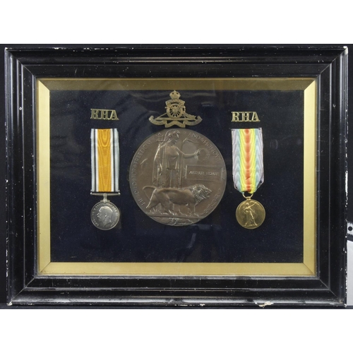 737 - BWM & Victory Medal + Death Plaque in small old glazed frame for (129670 Gnr Arthur Hoare 501st Howi... 