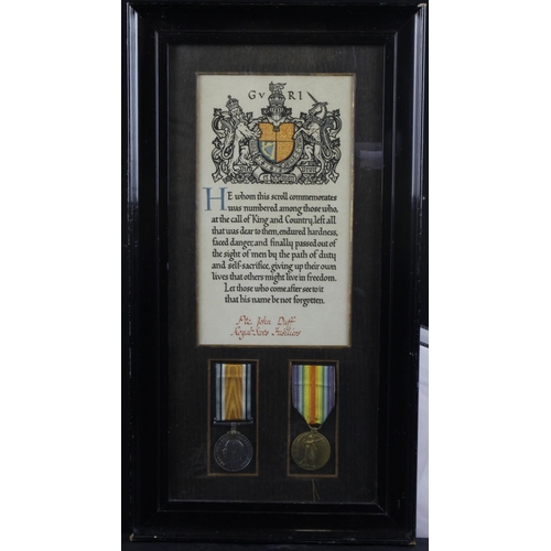 738 - BWM & Victory Medal + Memorial Scroll mounted in old glazed frame for (53114 Pte John Duff 