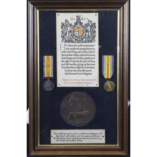 746 - BWM & Victory Medal, Death Plaque and Memorial Scroll displayed in a large old glazed frame for (25/... 