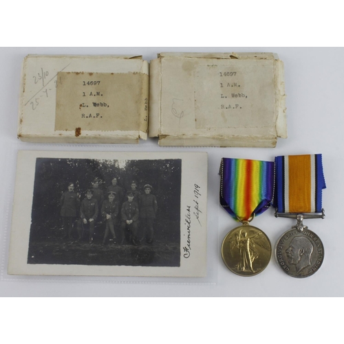 748 - BWM & Victory medals to 14597 AM. 1. L Webb RAF comes with medal boxes, medal award document and gro... 