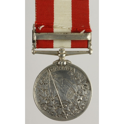 764 - Canada General Service Medal 1899 with clasp Fenian Raid 1866, named (220 Corl J Wyatt, 7: RL: Fus:)... 