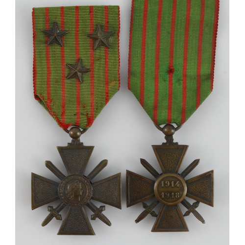 806 - French Croix de Guerre's, one with 3 Stars, the other with no Stars. Both on original ribbons.  (2)