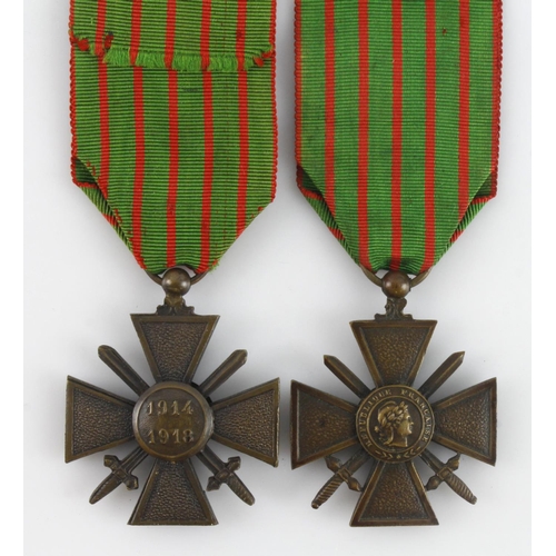 806 - French Croix de Guerre's, one with 3 Stars, the other with no Stars. Both on original ribbons.  (2)