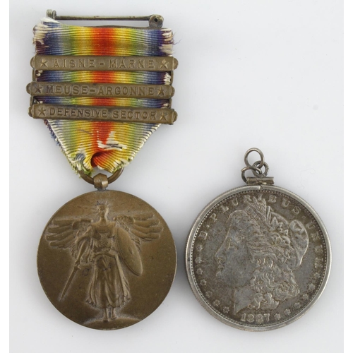 808 - Great War United States Victory Medal with bars Aisne-Marne / Meuse-Argonne / Defensive Sector.